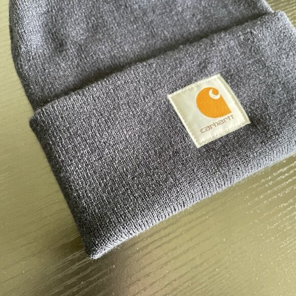 Carhartt Unisex One Size Navy Fold Over Knit Beanie Hat Cap Utility Logo Patch - Picture 12 of 14